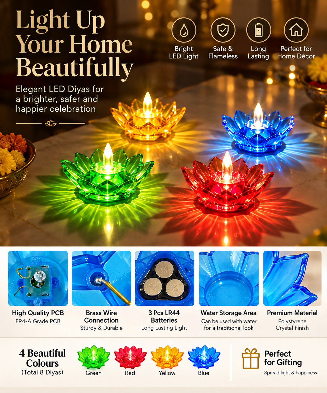 Lotus 3D Reflection Water Sensor Diya