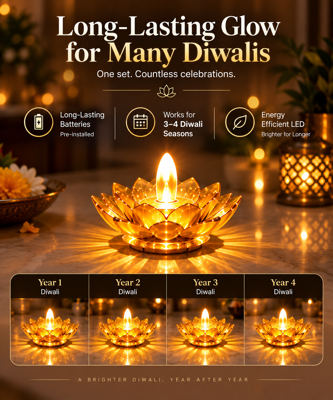 Lotus 3D Reflection Water Sensor Diya