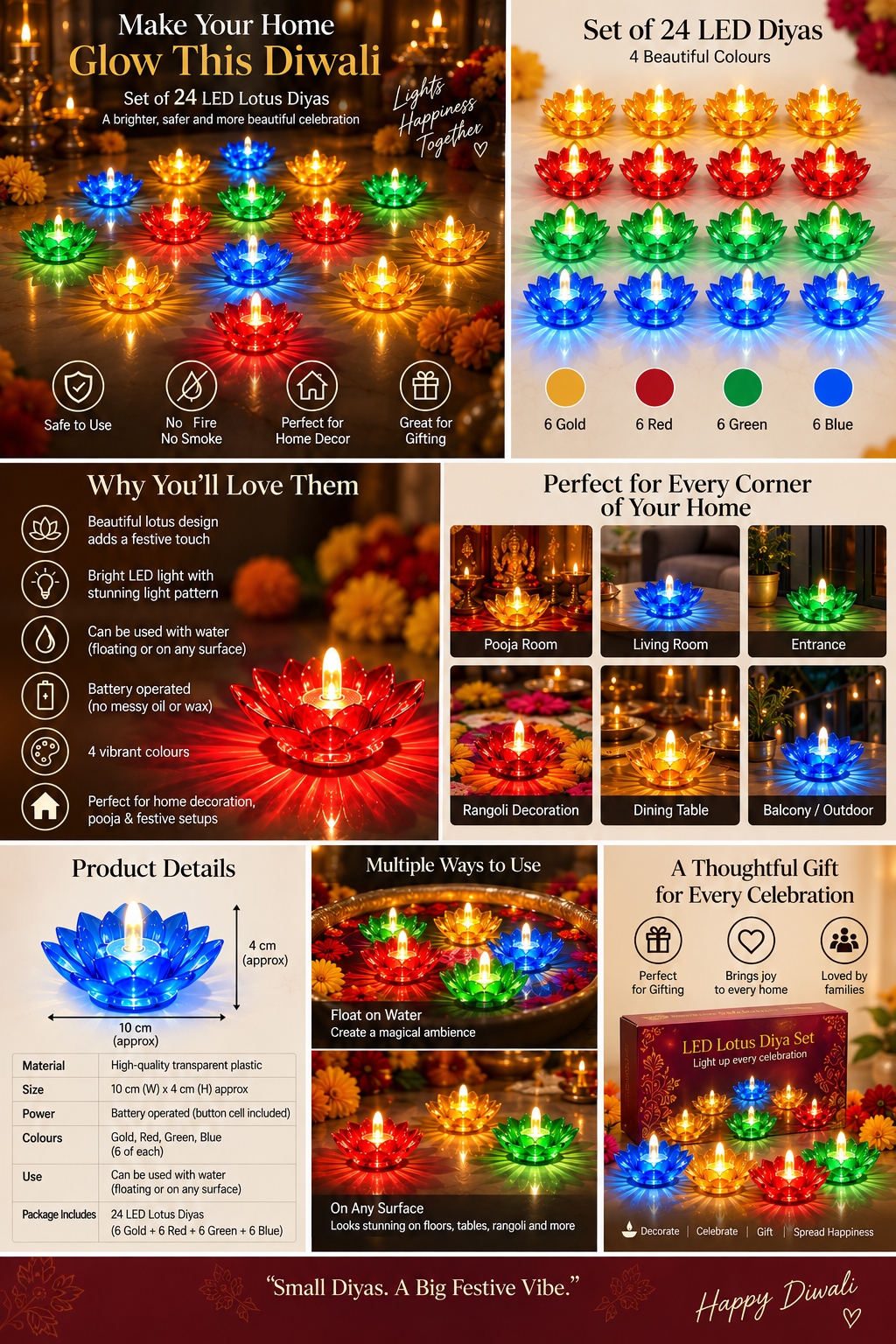 Lotus 3D Reflection Water Sensor Diya