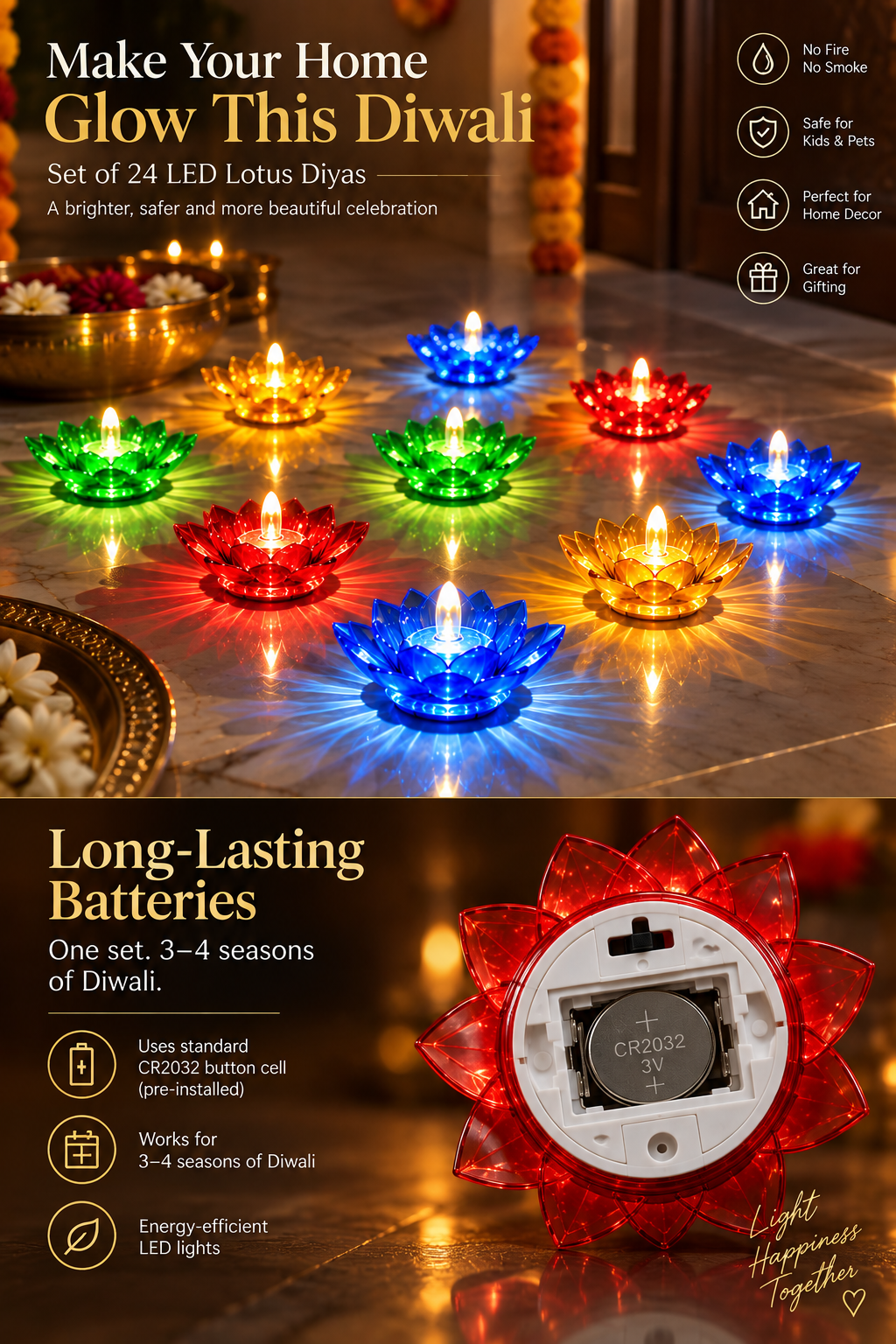 Lotus 3D Reflection Water Sensor Led Diya
